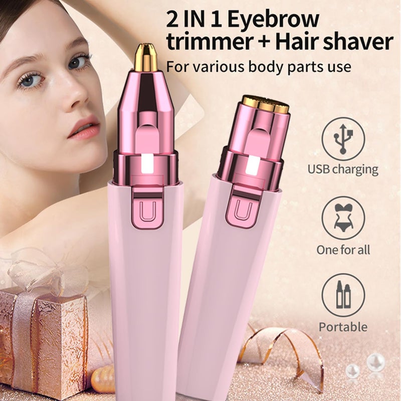 Esermoon Facial Hair Remover for Women - Pink USB Rechargeable Eyebrow Trimmer & Face Shaver with LED Light, 2-in-1 Hair Removal Device for Smooth Skin - Image 2